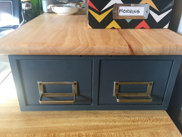 Vintage metal catalog drawers in the kitchen 